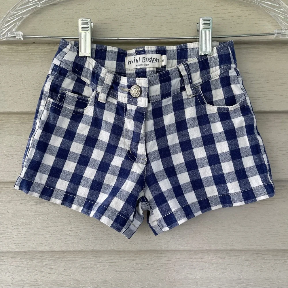 Mini Boden Girl's Navy Blue and White Plaid Checkered Shorts Size 6Y